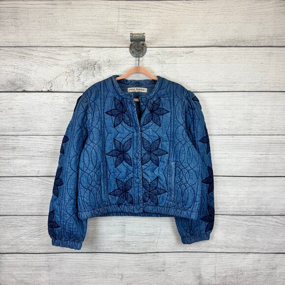 Free People Women's Boho Quinn Quilted Cotton Denim Jacket Size XL - Picture 1 of 9